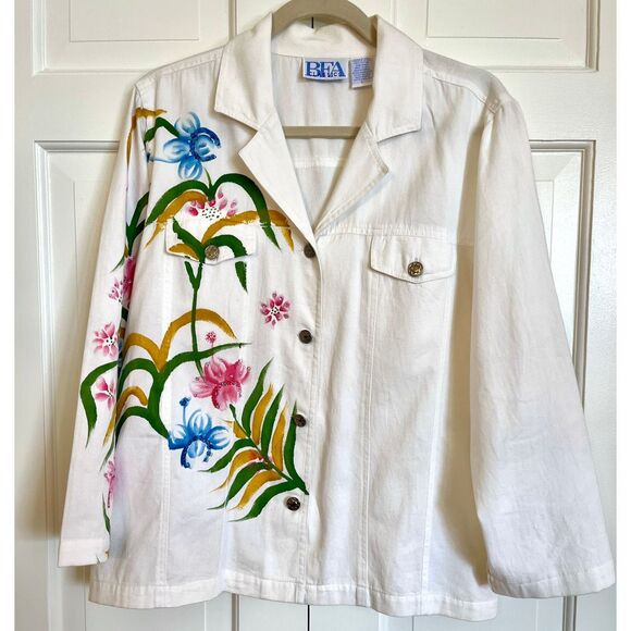 Classic Jackets & Blazers - BFA Classics White Cotton Jacket Hand Painted Floral Design Button Front Sz L